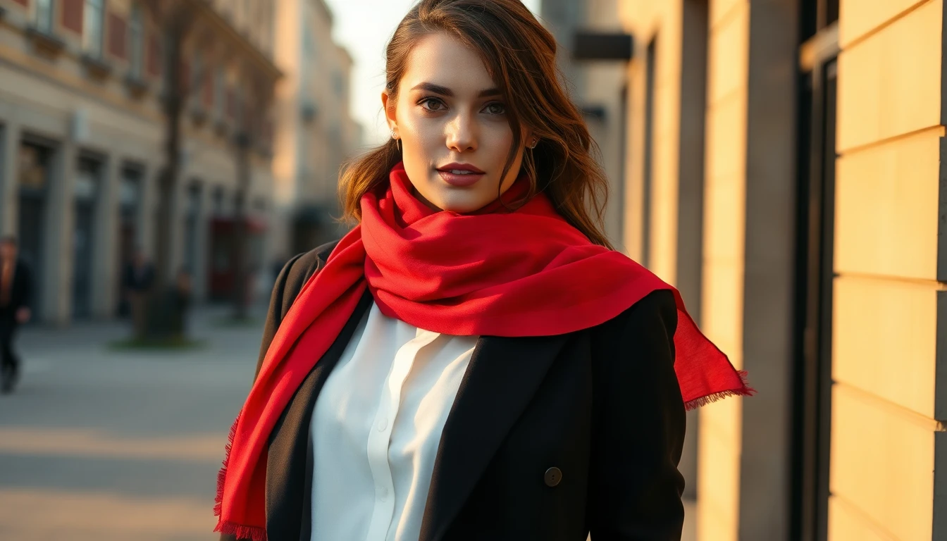 Femme élégante portant un foulard rouge avec une tenue neutre composée d'un blazer noir et d'une chemise blanche
