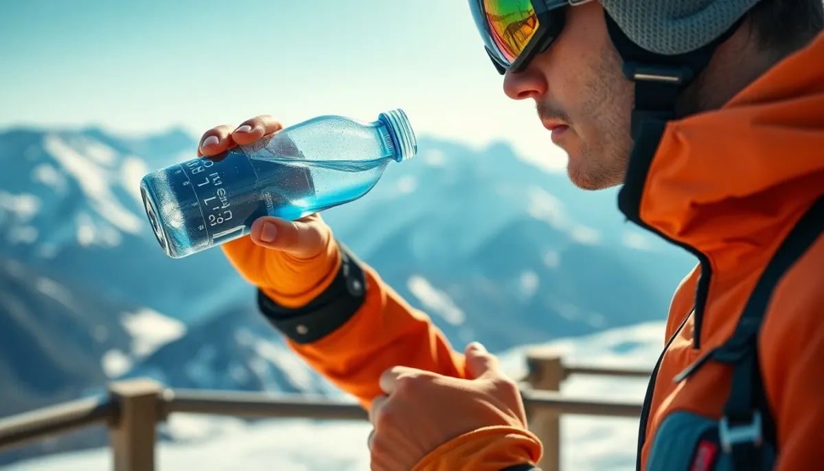 Skieur s'hydratant sur une terrasse de montagne pour pr&eacute;venir les courbatures