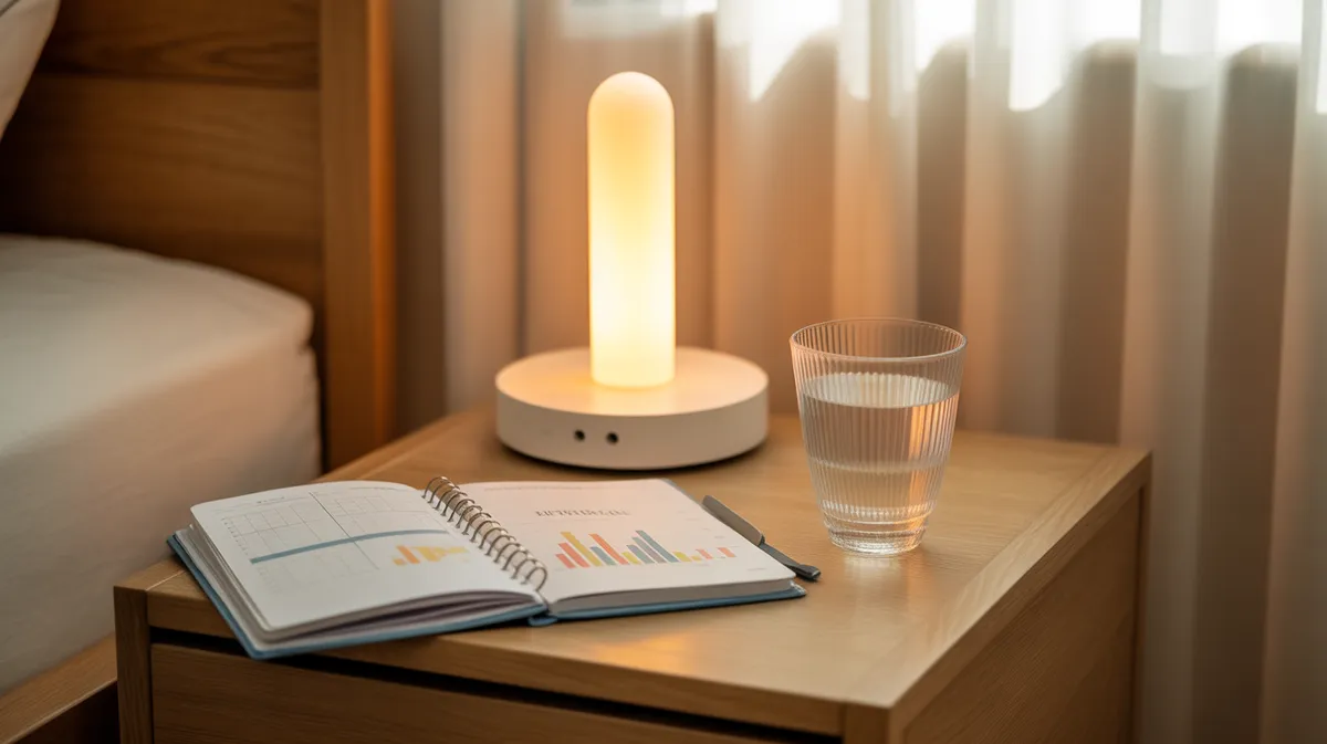 Table de chevet avec éléments d'une routine matinale optimisée pour le biohacking