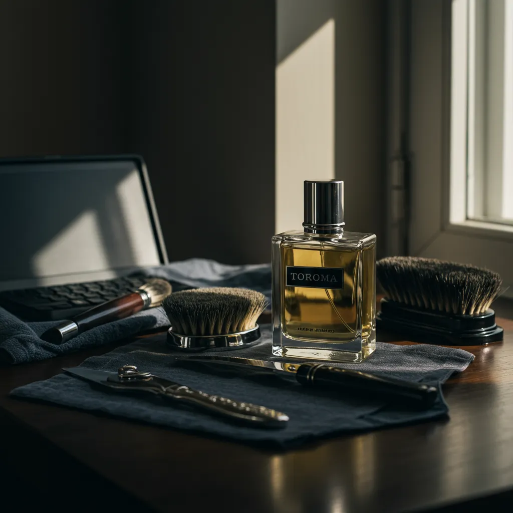 Mise en scène lifestyle d'une routine de soins masculins avec le parfum en position centrale, lumière naturelle