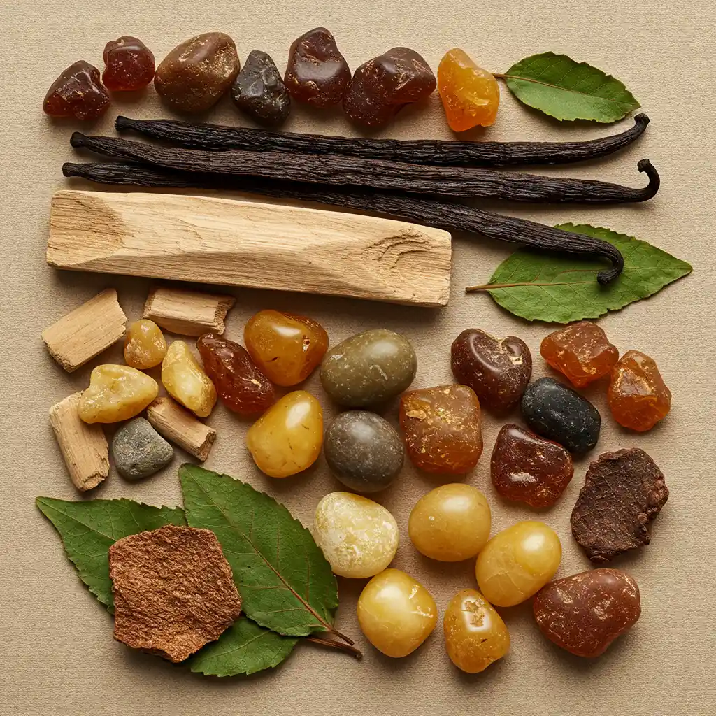 Gros plan des matières premières nobles du parfum : iris de Toscane, cèdre, vanille et patchouli disposés artistiquement