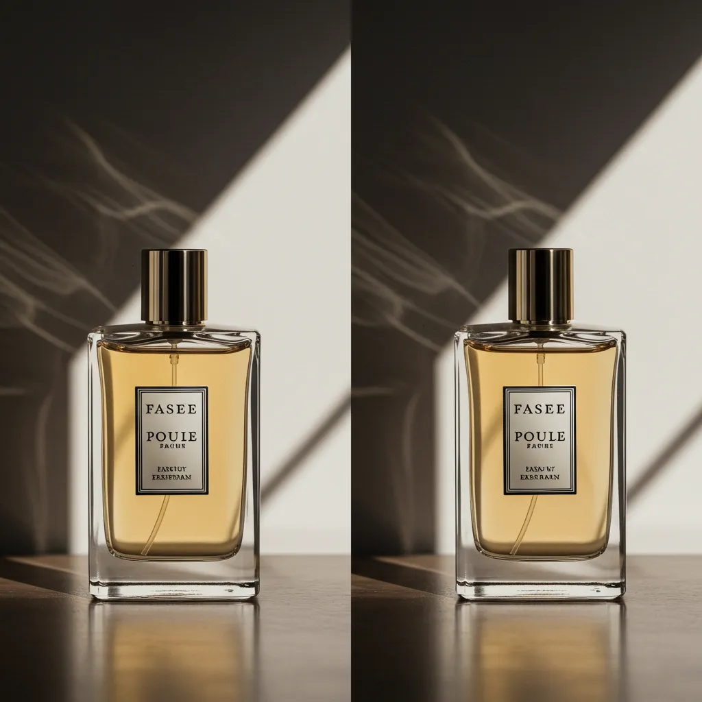 Deux flacons de parfum de luxe photographiés côte à côte en lumière naturelle pour comparaison visuelle