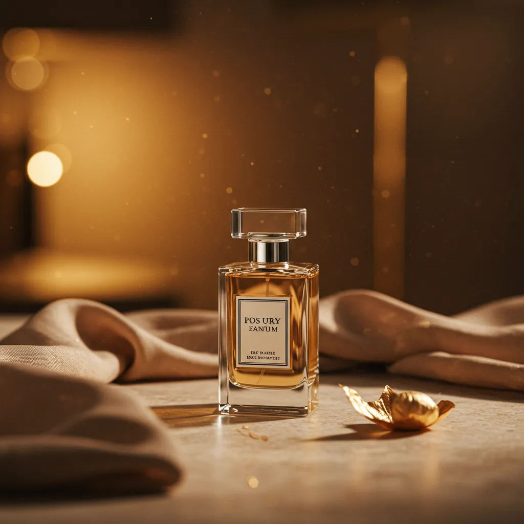 Mise en scène lifestyle d'un flacon de parfum dans un environnement élégant avec éclairage doré naturel
