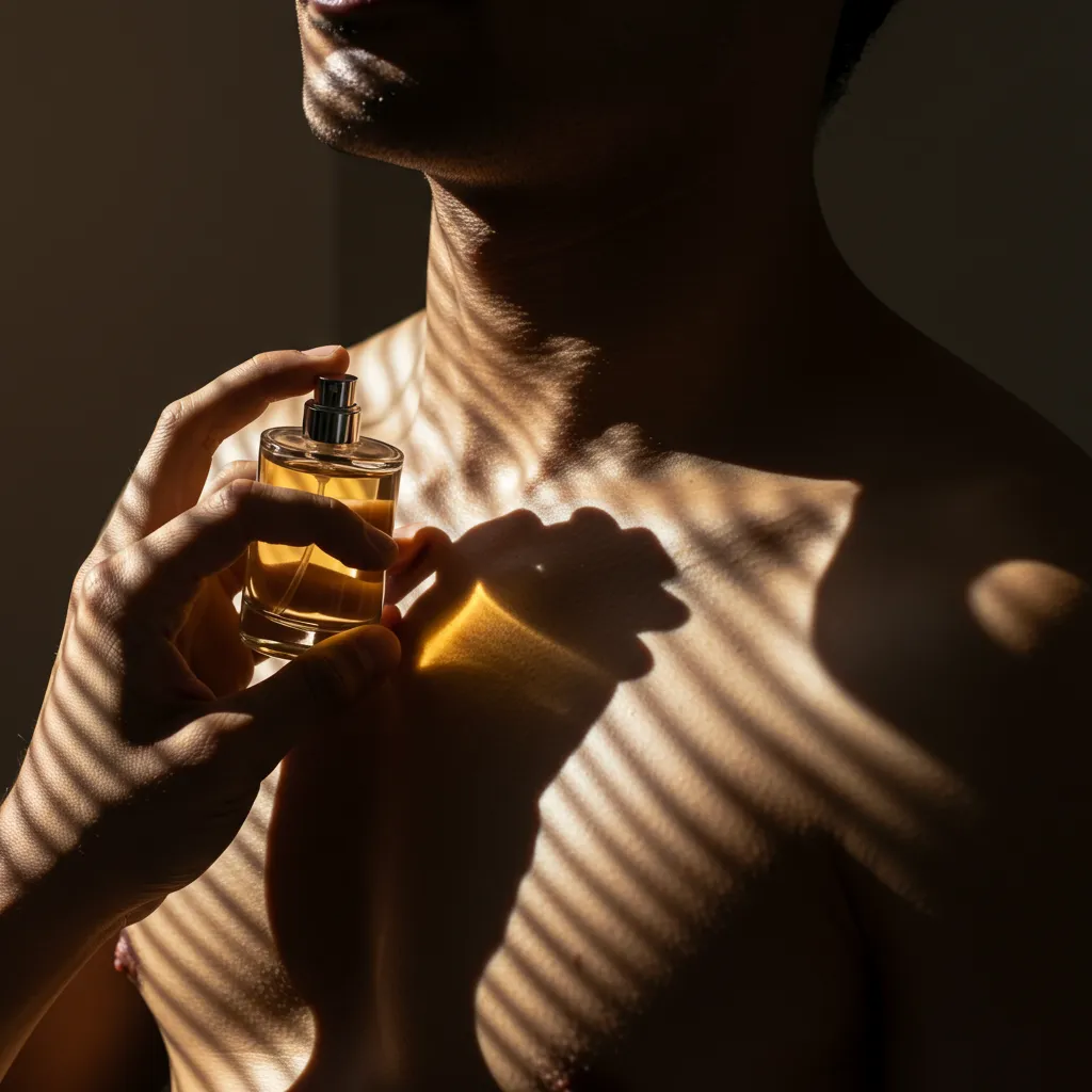 Application d'un parfum masculin montrant le geste d'utilisation quotidienne