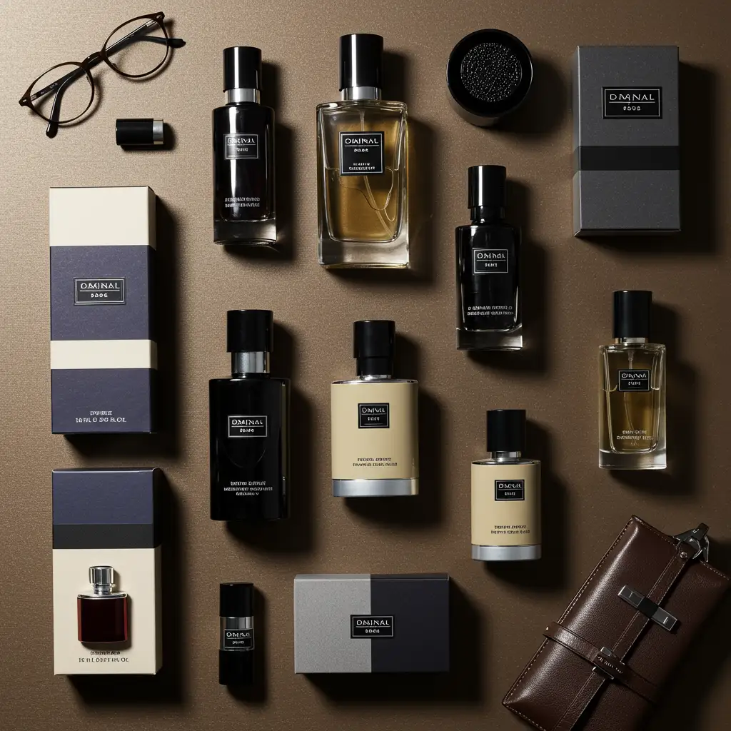 Présentation élégante de différents parfums et accessoires de parfumerie masculine