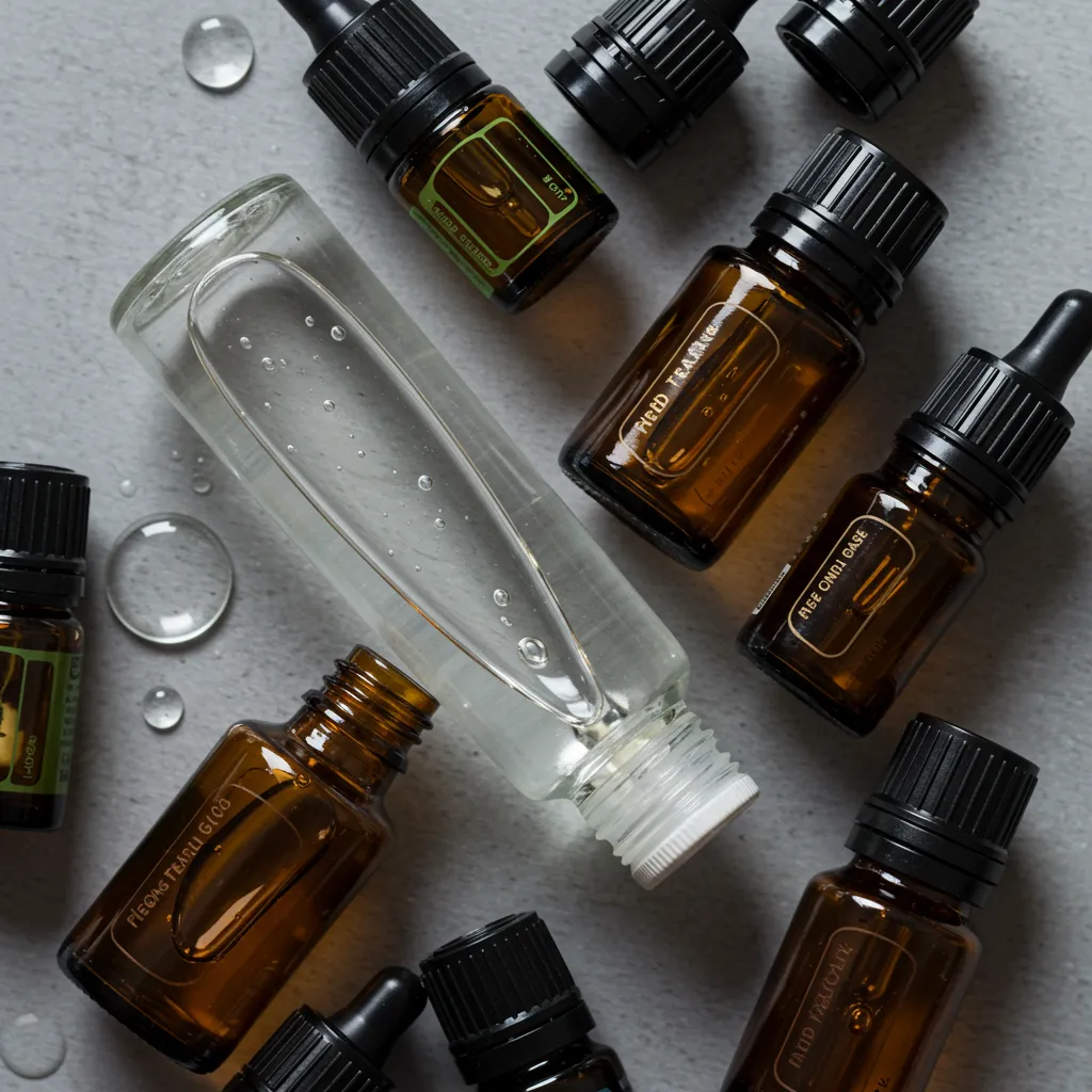 Gros plan des ingrédients essentiels pour fabriquer un parfum maison : flacons d'huiles essentielles et alcool