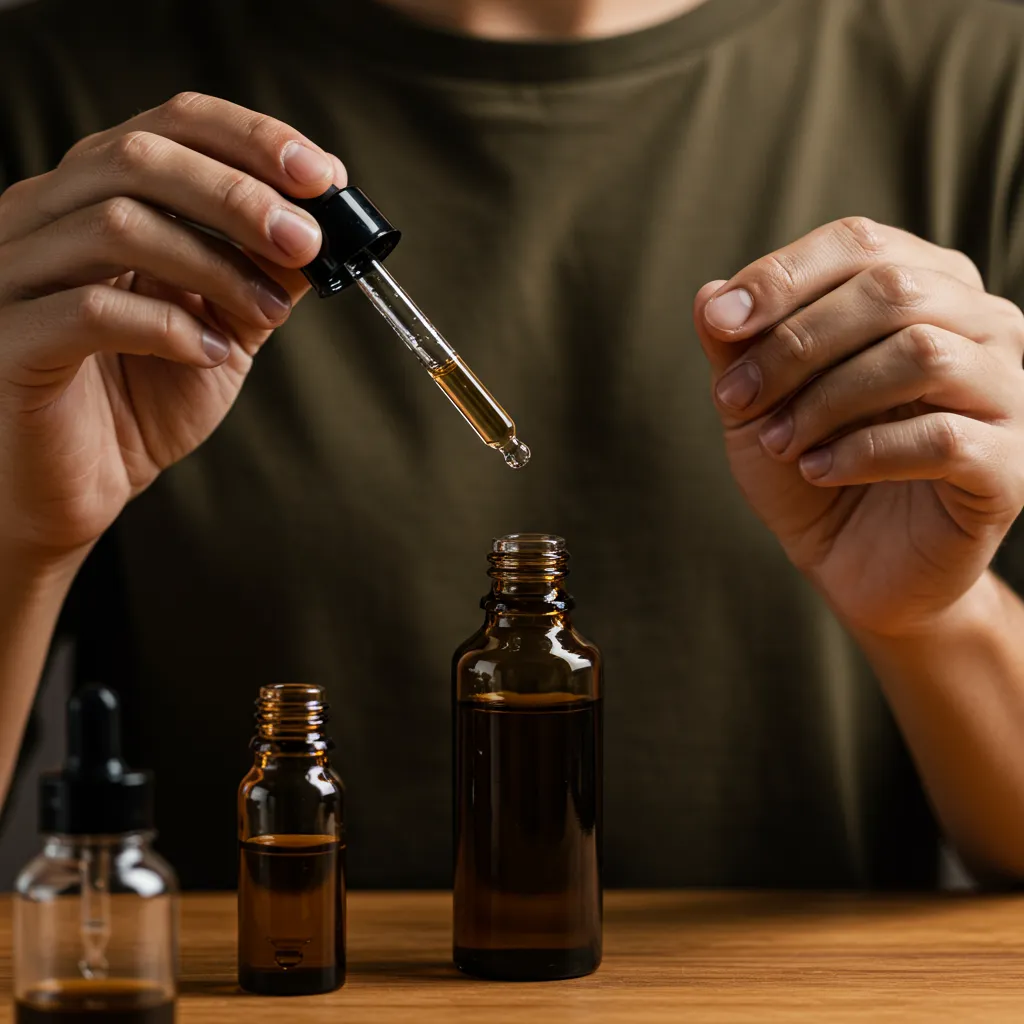 Étape de fabrication du parfum : ajout des gouttes d'huiles essentielles dans un flacon avec pipette