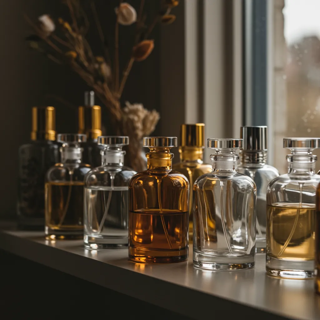 Flacons de parfum maison terminés exposés sur une étagère avec éclairage naturel doux