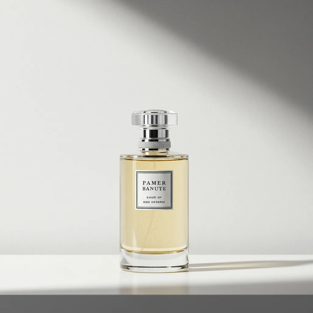 Flacon de parfum de luxe photographié de face en lumière studio naturelle, mettant en avant les détails du design
