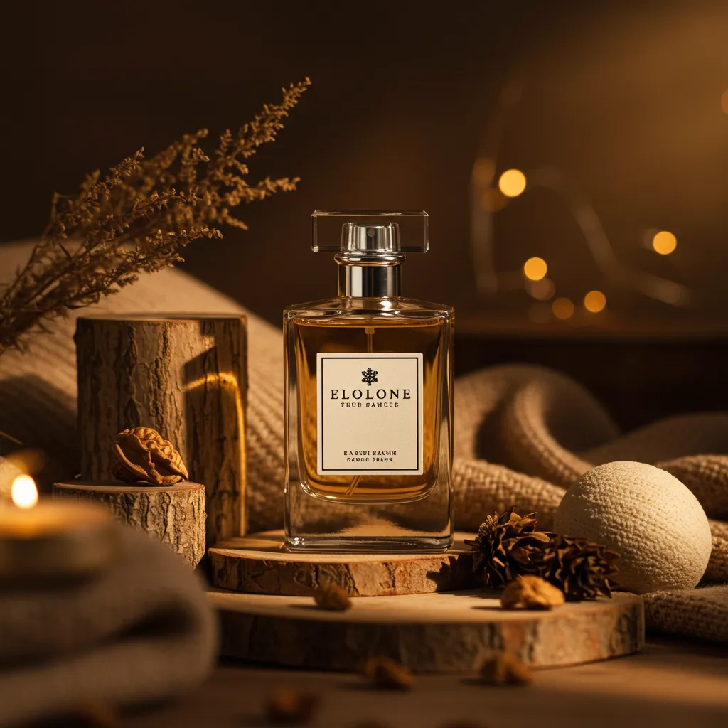 Flacon de parfum en contexte lifestyle avec éléments naturels et textures, éclairage golden hour chaleureux