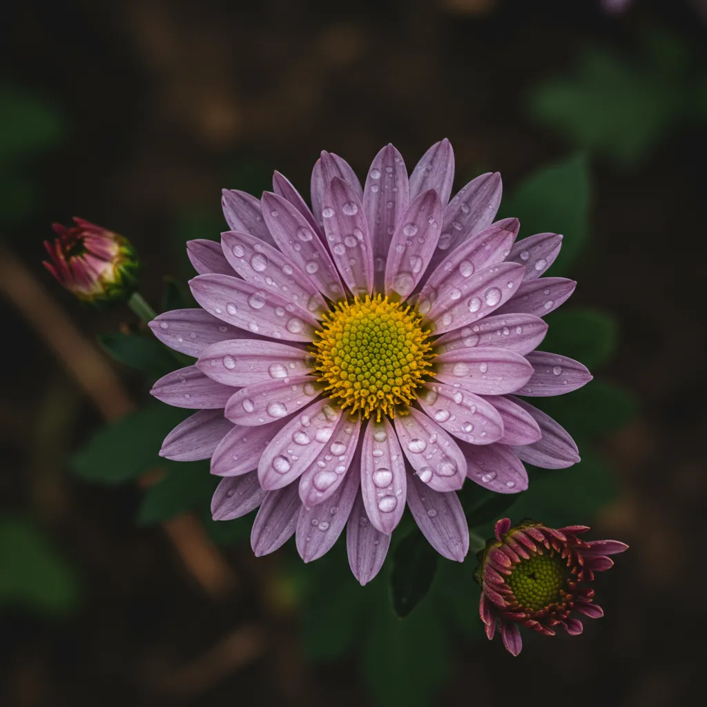 Gros plan de chrysanthèmes avec gouttes de rosée illustrant la note florale principale de De Profundis