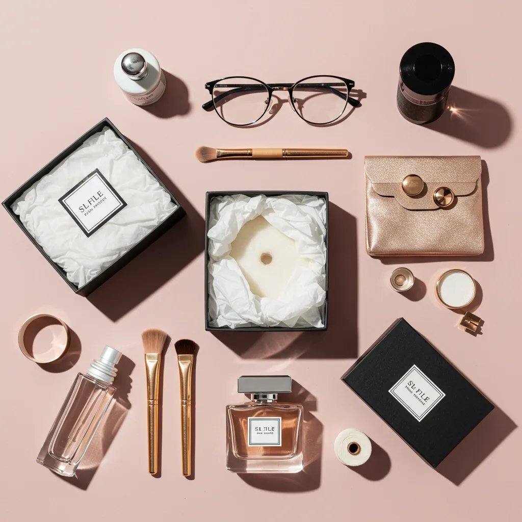 Mise en scène d'achat de parfum de luxe avec boîte ouverte et accessoires haut de gamme