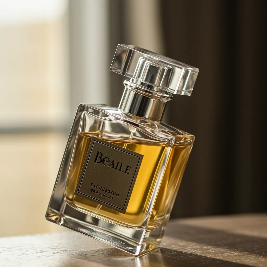 Gros plan d'un flacon de parfum de luxe avec éclairage naturel mettant en évidence la couleur et la texture