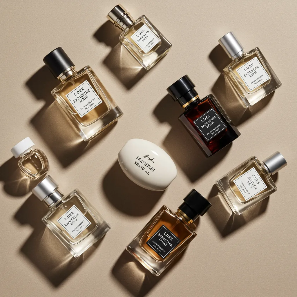 Vue de dessus de plusieurs flacons de parfum disposés de manière artistique sur une surface neutre