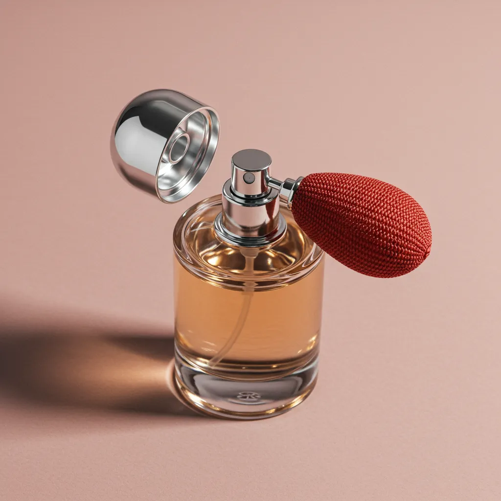 Photographie lifestyle d'un flacon de parfum ouvert avec vaporisateur, éclairage naturel doux et raffiné