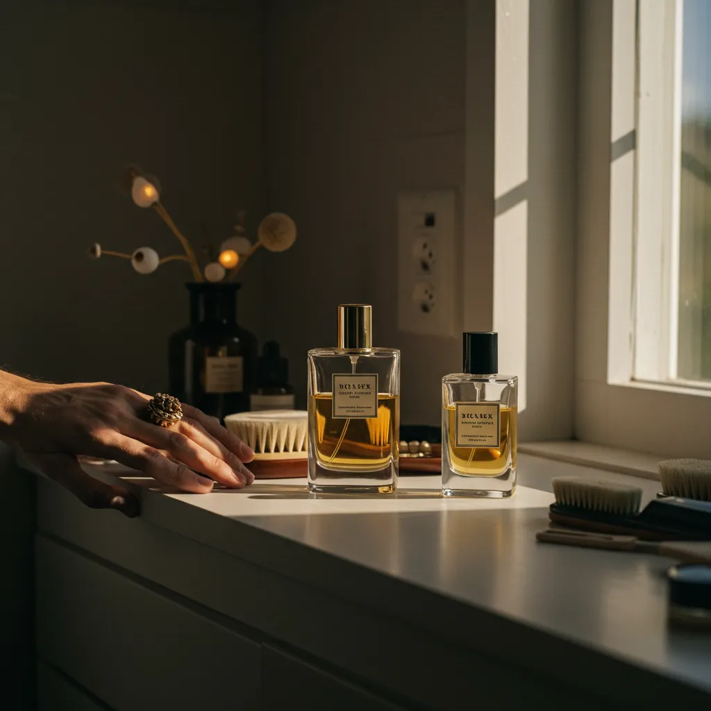 Mise en scène lifestyle d'un flacon de parfum Alien Man dans un contexte de soin masculin raffiné
