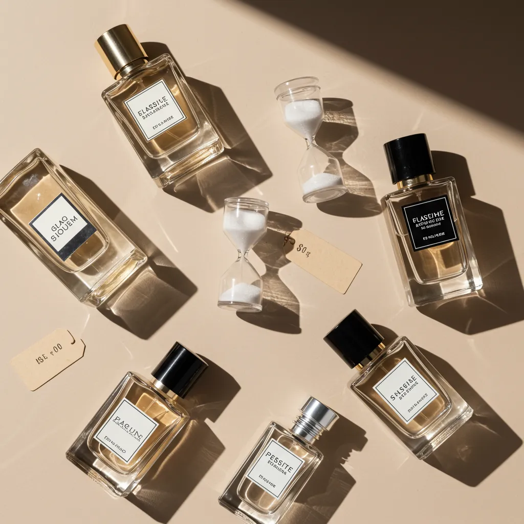Vue de dessus de plusieurs flacons de parfum avec éléments de comparaison en composition minimaliste et lumière naturelle