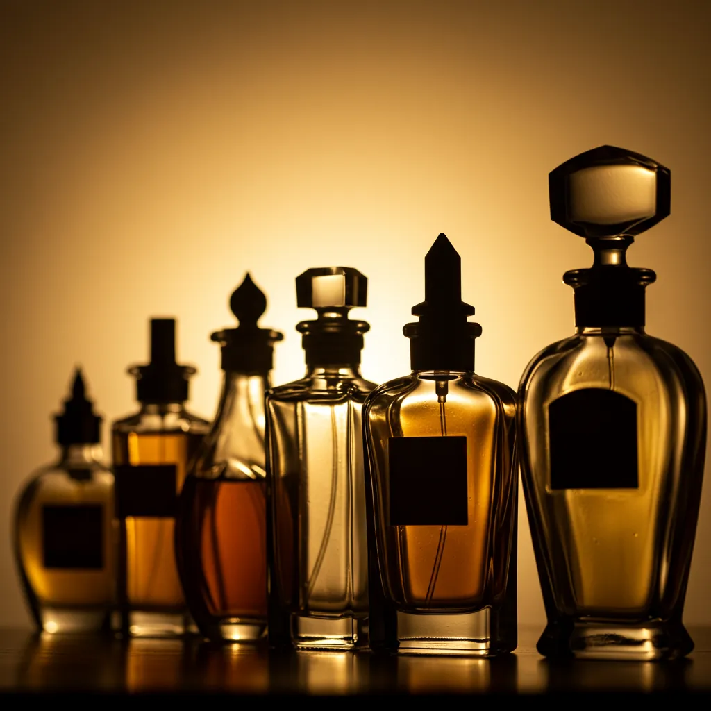 Silhouettes de flacons de parfum vintage rétroéclairés montrant l'évolution historique des designs