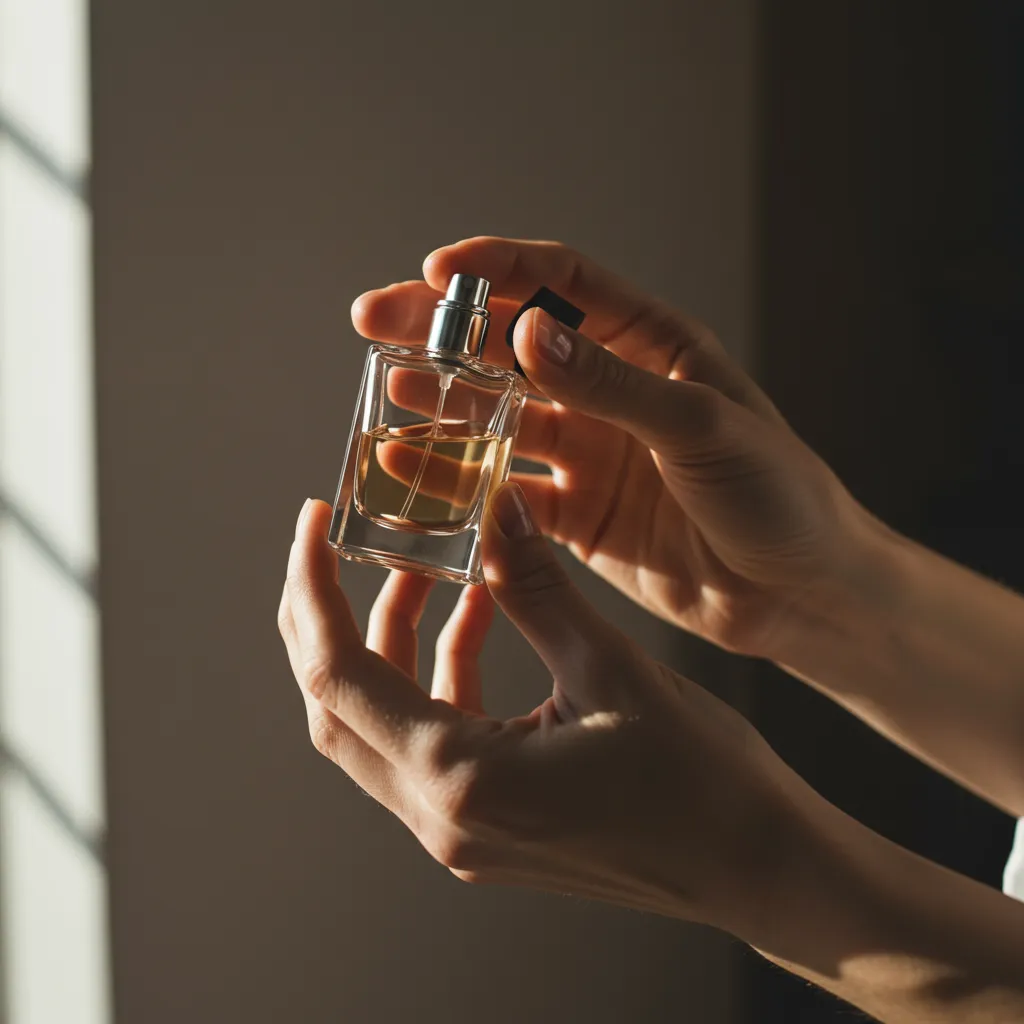 Gros plan d'une main tenant un flacon de parfum ouvert avec lumière naturelle douce