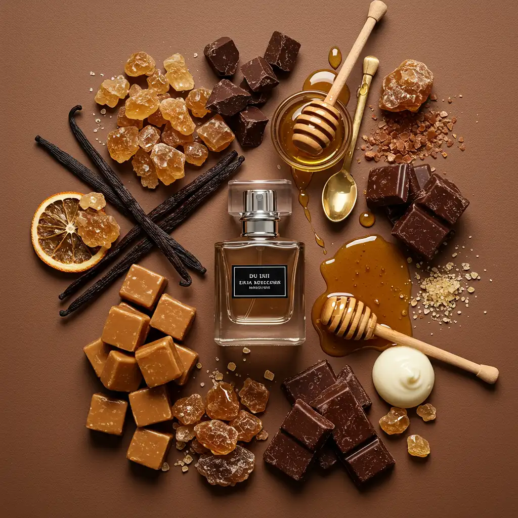 Composition artistique des ingrédients gourmands (vanille, caramel, chocolat, miel) autour d'un flacon de parfum