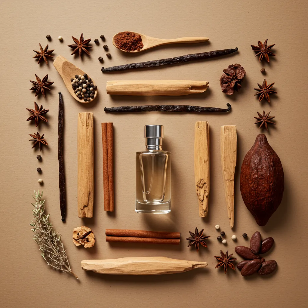 Composition photographique des notes olfactives de Gentleman Givenchy avec épices, bois et vanille