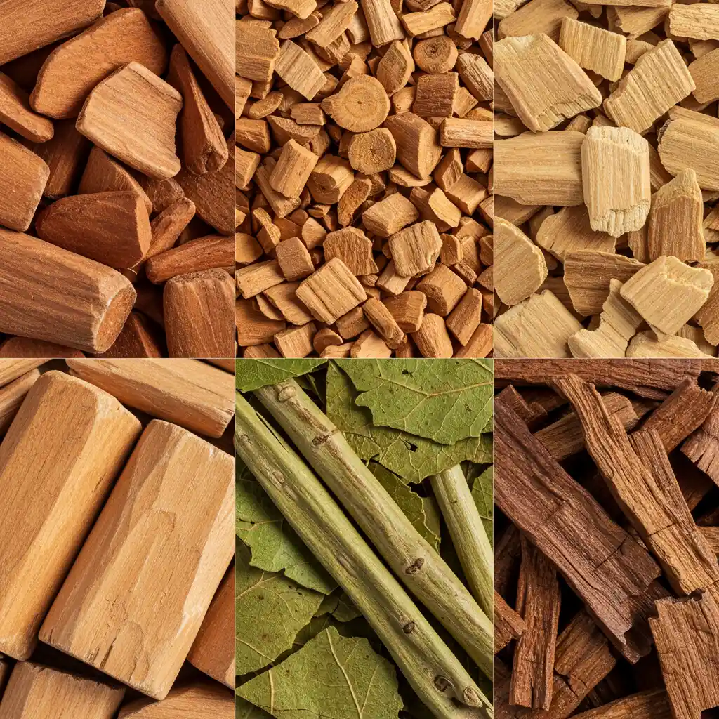 Gros plan détaillé des cinq notes boisées essentielles : santal, cèdre, vétiver, patchouli et gaïac