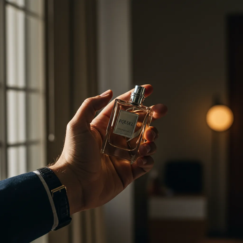 Main masculine tenant un flacon de parfum boisé dans un cadre élégant et raffiné