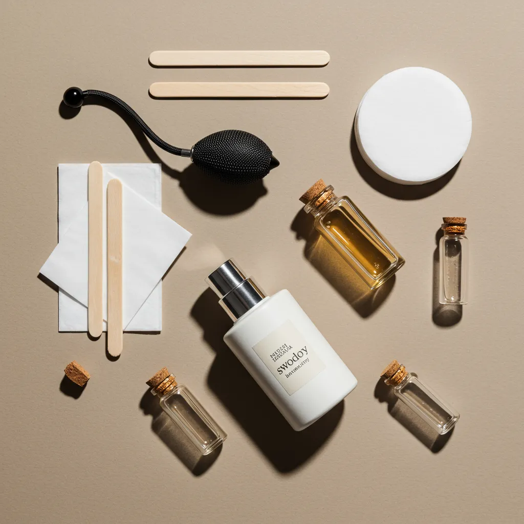 Composition plate montrant les accessoires et outils pour tester et appliquer un parfum boisé