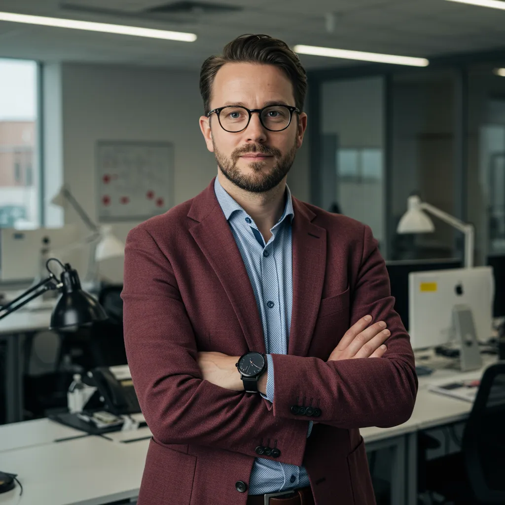 Homme en tenue professionnelle dans un contexte de bureau illustrant l'usage quotidien d'un parfum boisé