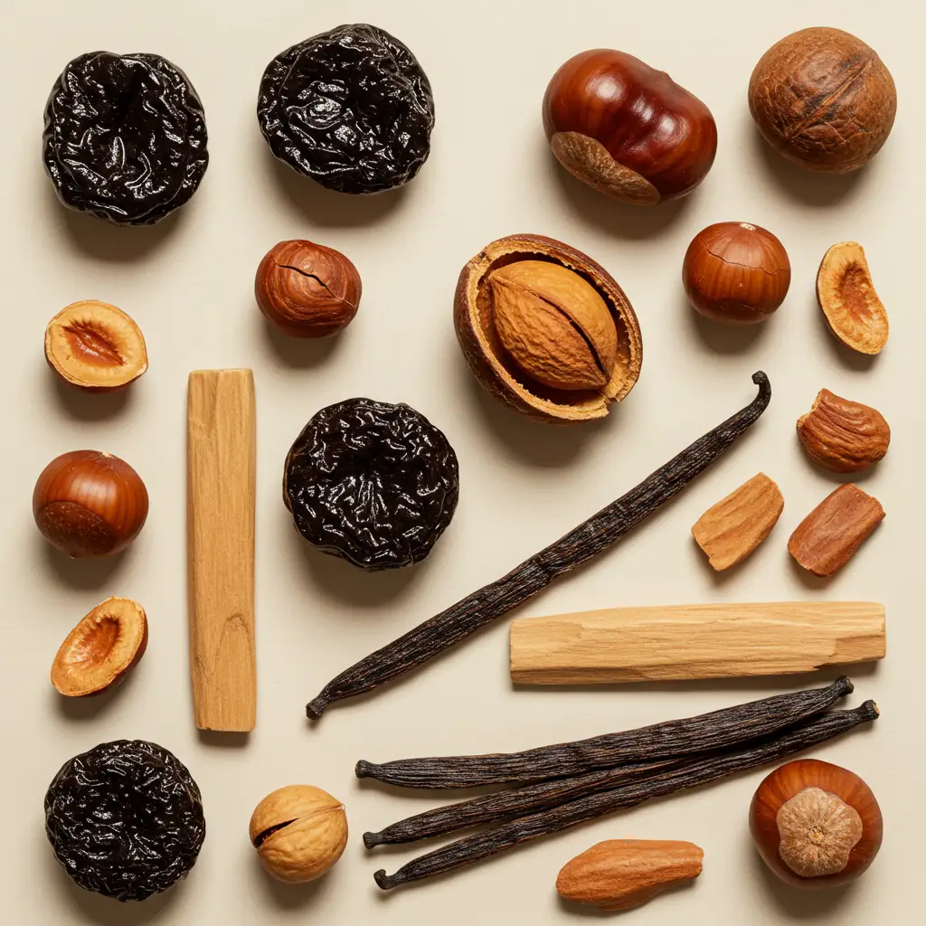 Composition détaillée des notes olfactives : mirabelle, châtaigne, fruits à coque, bois de santal et vanille