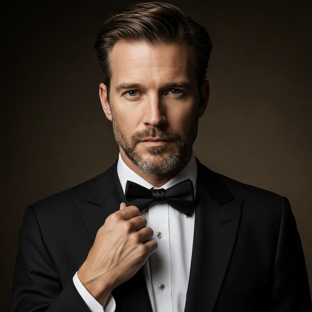 Portrait d'un homme en tenue formelle pour événement nocturne, représentant l'usage du parfum Scandal Absolu