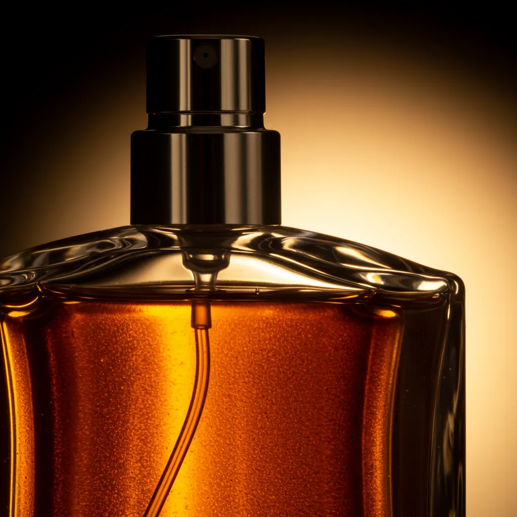 Gros plan détaillé d'un flacon de parfum avec éclairage contre-jour mettant en valeur la couleur et la texture du verre
