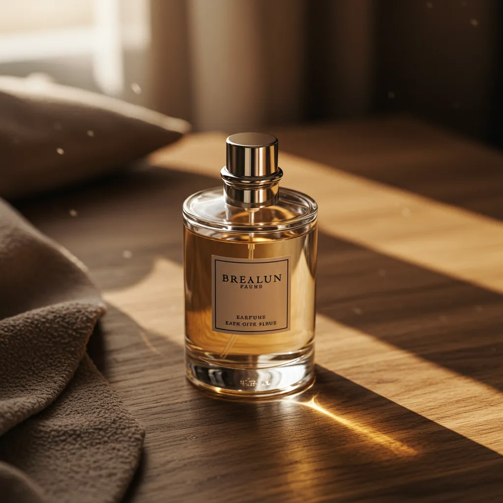 Flacon de parfum posé sur une surface naturelle avec accessoires lifestyle et éclairage naturel chaleureux