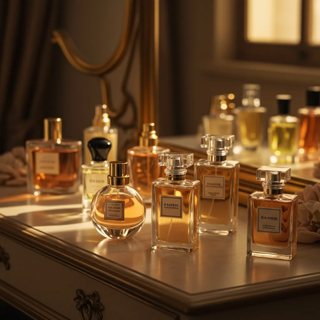 Mise en scène élégante de flacons de parfum Givenchy sur une vanité de luxe avec éclairage naturel doré