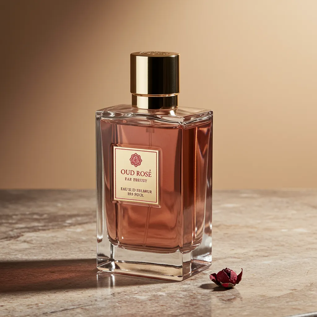 Gros plan d'un flacon de parfum oud rose haut de gamme avec réflexions lumineuses, composition minimaliste élégante