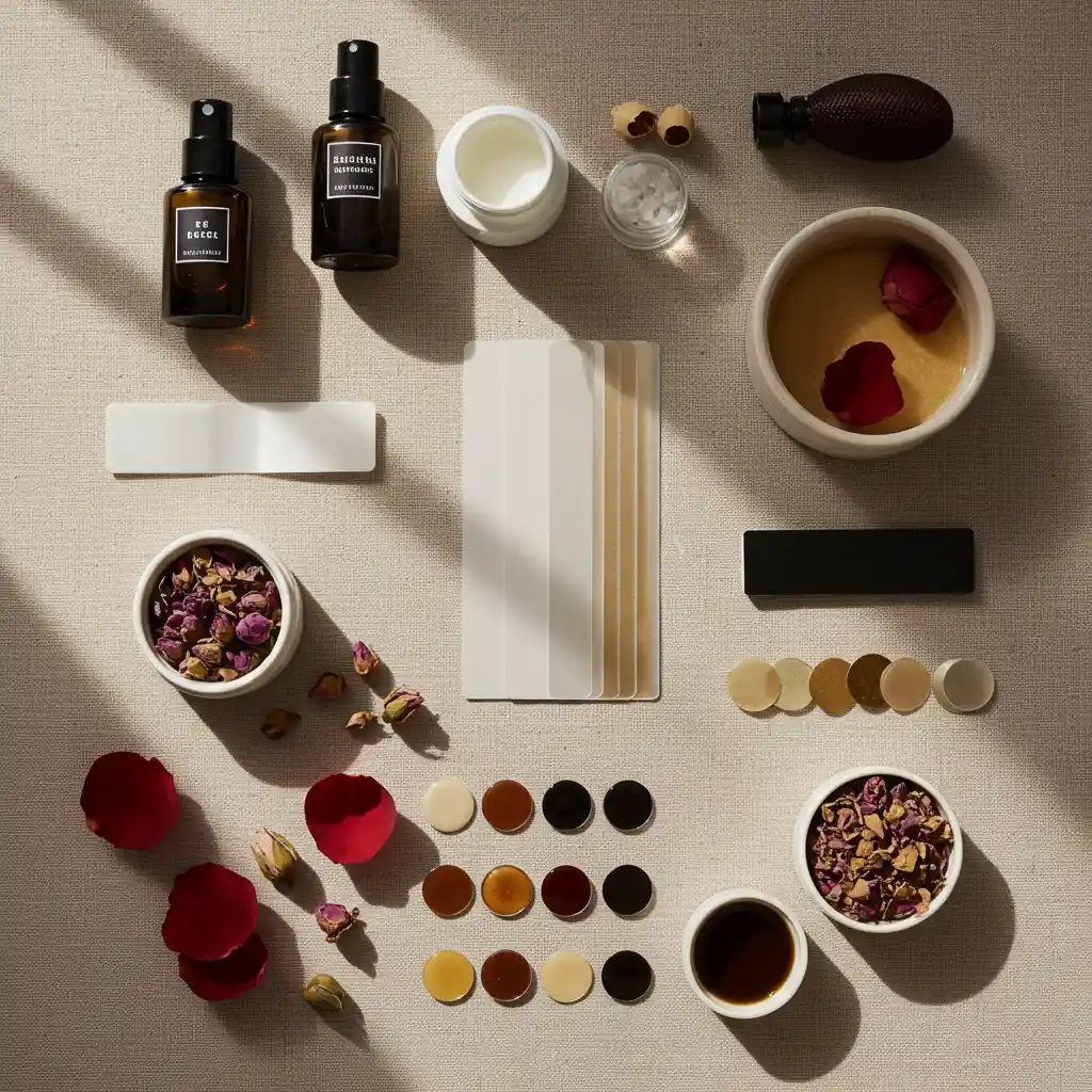 Vue de dessus d'éléments de parfum oud rose avec pétales de rose et bois de oud, composition plate artistique sur lin neutre