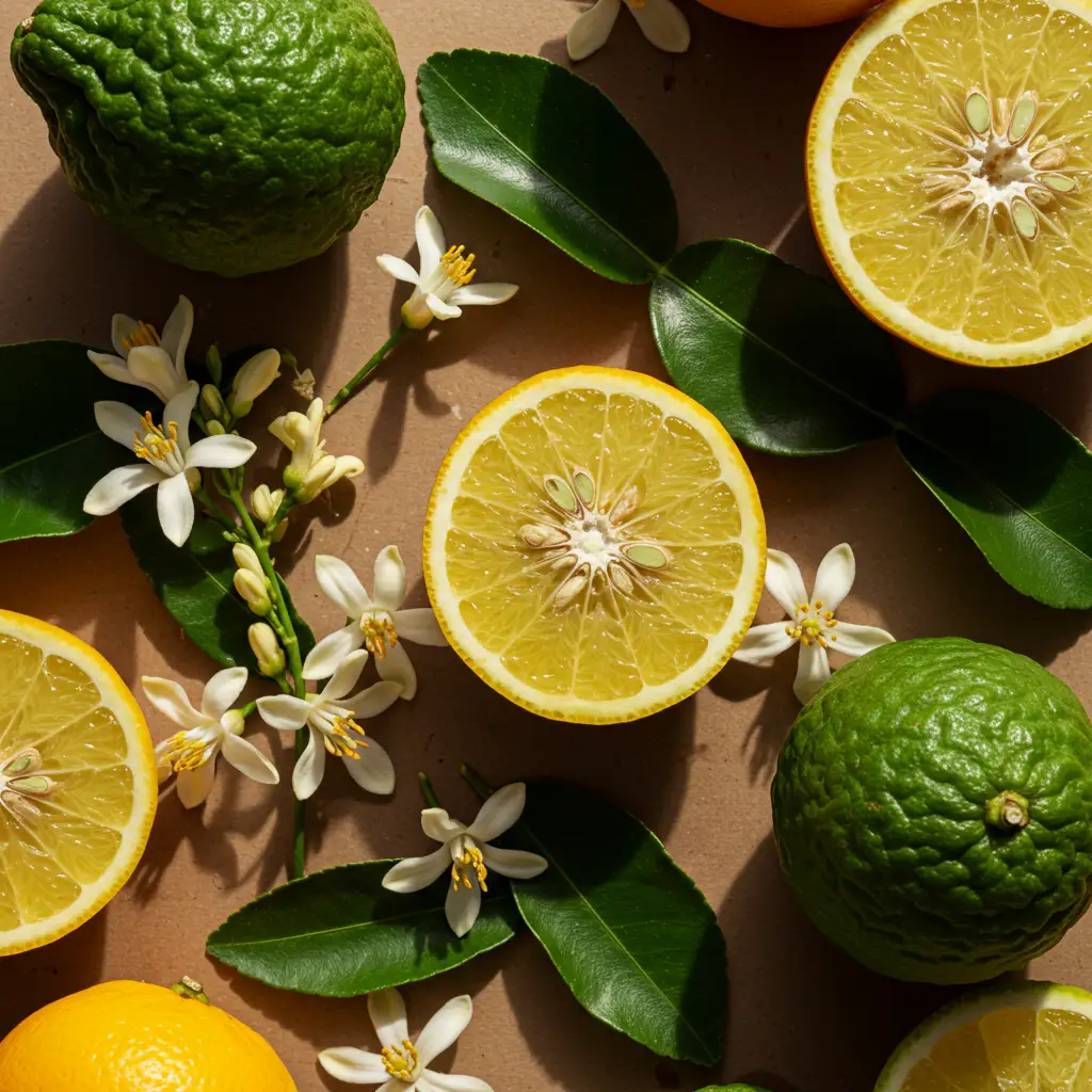 Agrumes frais et fleurs d'oranger disposés artistiquement, illustrant les notes de tête de la composition