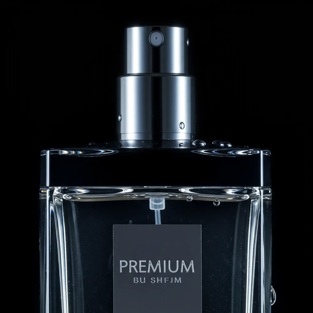Gros plan détaillé d'un flacon de parfum premium avec éclairage studio professionnel