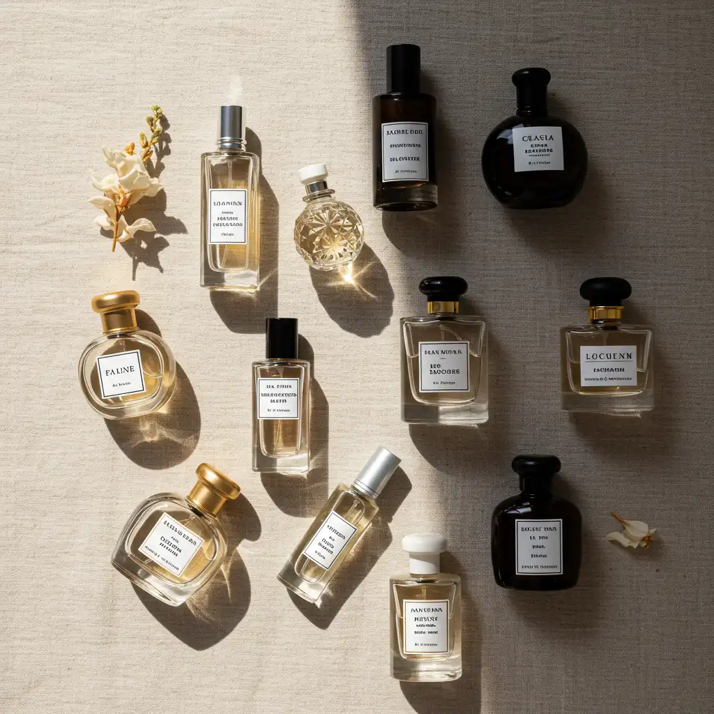 Arrangement artistique de flacons de parfums de niche photographiés en vue de dessus avec lumière naturelle