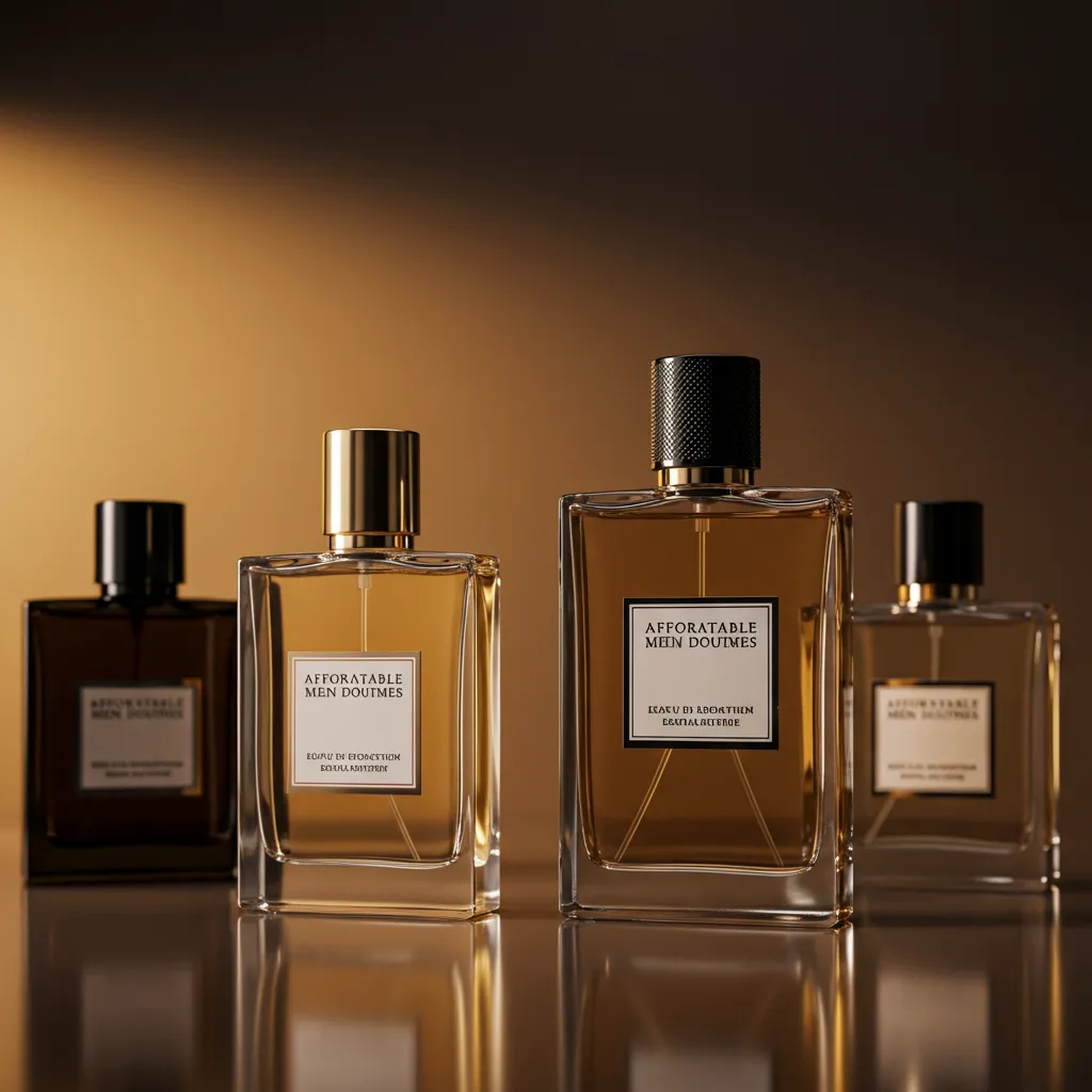 Photographie de produit de flacons de parfums accessibles au budget avec éclairage studio chaleureux