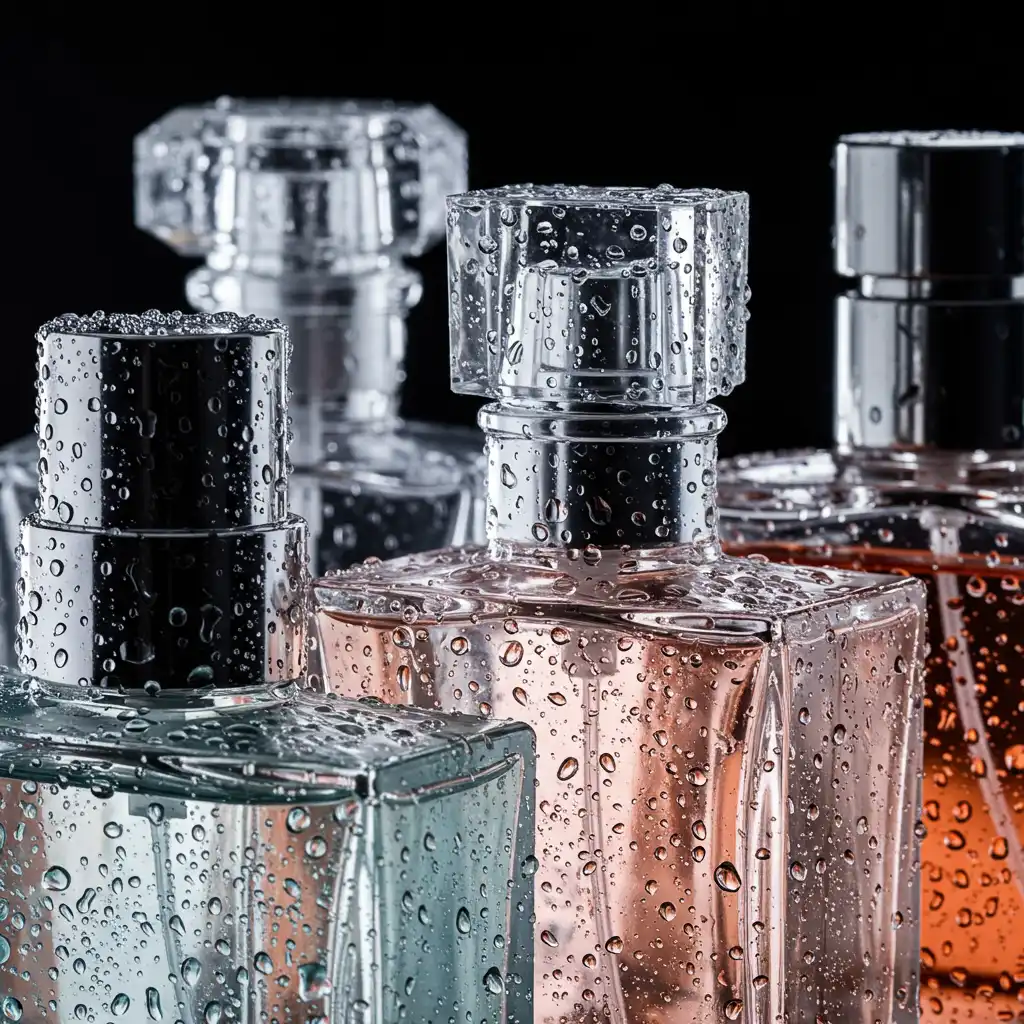 Gros plan détaillé de flacons de parfum avec gouttes d'eau et reflets lumineux