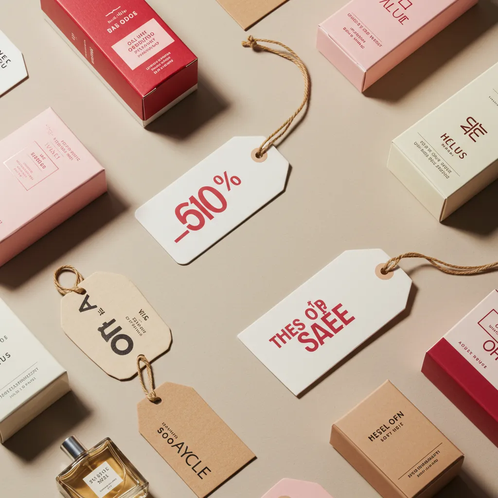 Vue de dessus d'une composition de boîtes de parfum avec étiquettes de réduction et prix