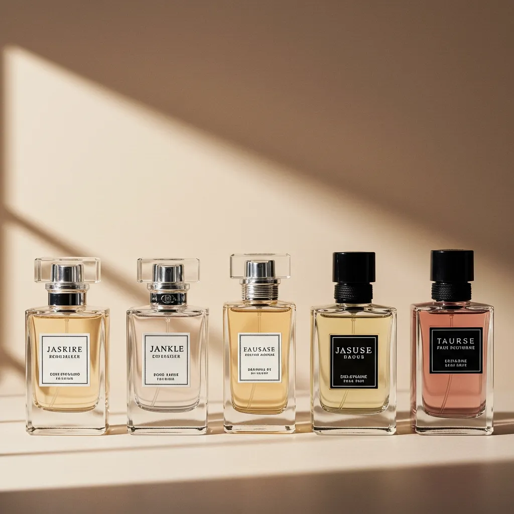 Les cinq fragrances Horace alignées montrant la diversité de la gamme avec leurs différentes teintes et formes