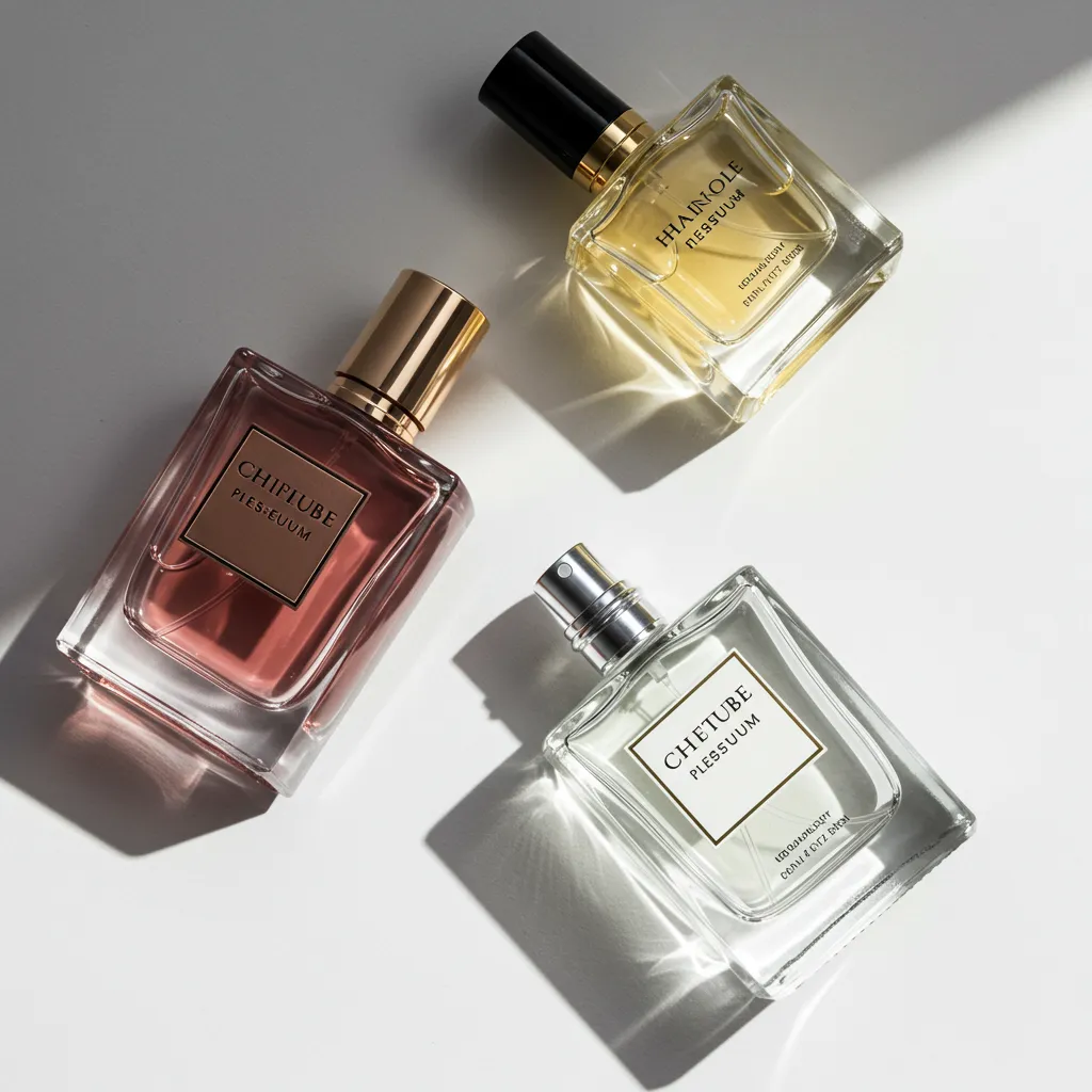 Comparaison visuelle de trois flacons de parfum premium positionnés côte à côte vue de dessus