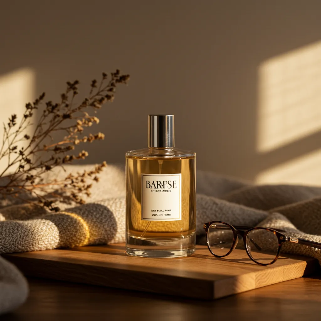 Flacon de parfum Horace dans un environnement lifestyle minimaliste avec éclairage doré naturel