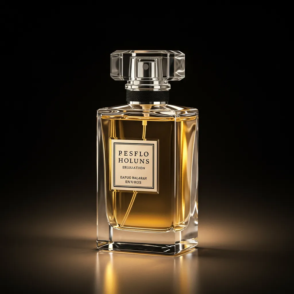 Flacon de parfum transparent photographié avec système d'éclairage trois points révélant la transparence du verre et créant des reflets subtils
