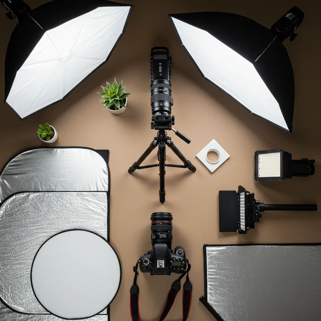 Vue de dessus du matériel photographique professionnel complet pour packshot : appareil photo, objectif, trépied, sources lumineuses et réflecteurs