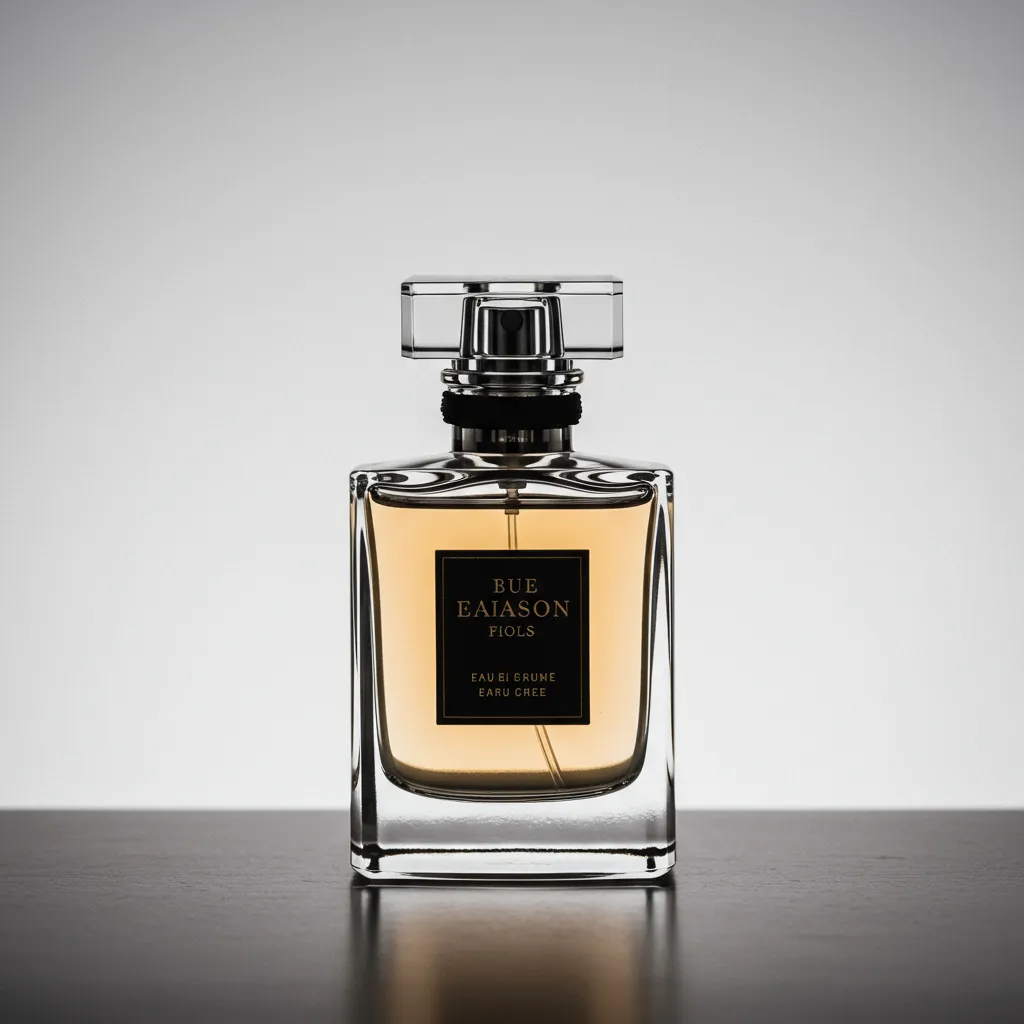 Gros plan d'un flacon de parfum composé selon les règles de cadrage professionnel avec espace blanc minimaliste et éclairage directionnel