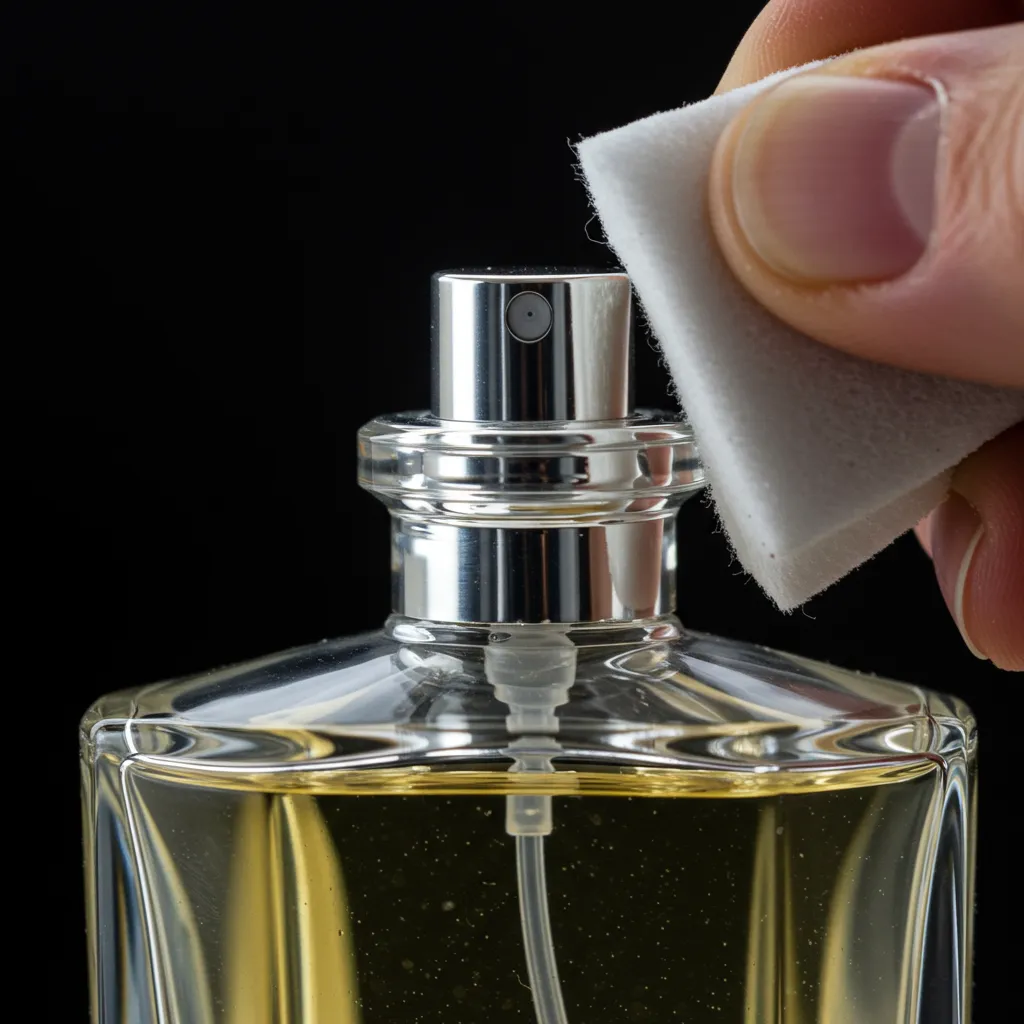 Détail macro d'un flacon de parfum immaculé montrant la propreté du verre et la préparation minutieuse avant la prise de vue