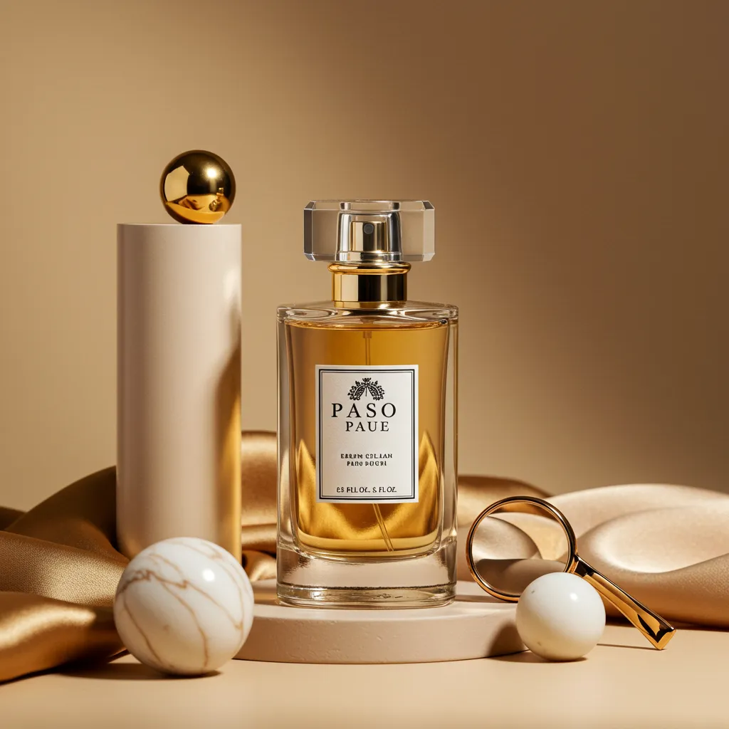 Photographie éditoriale d'un flacon de parfum stylisé avec accessoires de luxe et éléments contextuels racontant une histoire de raffinement